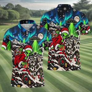 Alien Santa UFO Aurora Christmas Golf Shirt, Mens Golf Polo, Mens Holiday Golf Shirts