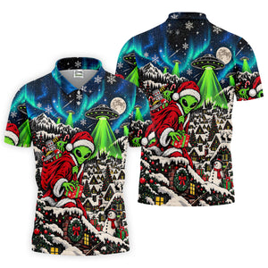 Alien Santa UFO Aurora Christmas Golf Shirt, Mens Golf Polo, Mens Holiday Golf Shirts