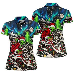 Alien Santa UFO Aurora Christmas Golf Shirt, Womens Golf Shirts, Womens Golf Clothing