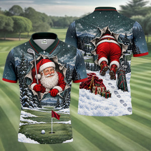 Santa Peeking Golf Green Christmas Golf Shirt, Golf Polo For Men, Mens Golf Polo
