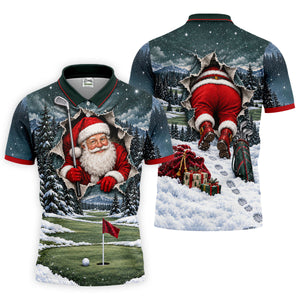 Santa Peeking Golf Green Christmas Golf Shirt, Golf Polo For Men, Mens Golf Polo