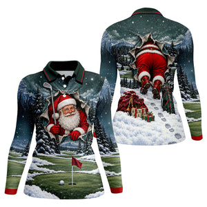 Santa Peeking Golf Green Christmas Golf Shirt, Golf Gifts For Women, Womens Golf Tops