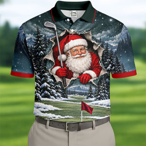 Santa Peeking Golf Green Christmas Golf Shirt, Golf Polo For Men, Mens Golf Polo