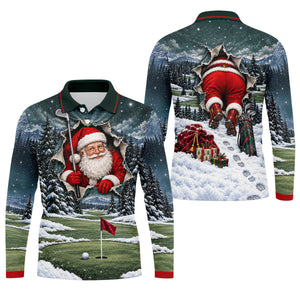 Santa Peeking Golf Green Christmas Golf Shirt, Golf Polo For Men, Mens Golf Polo