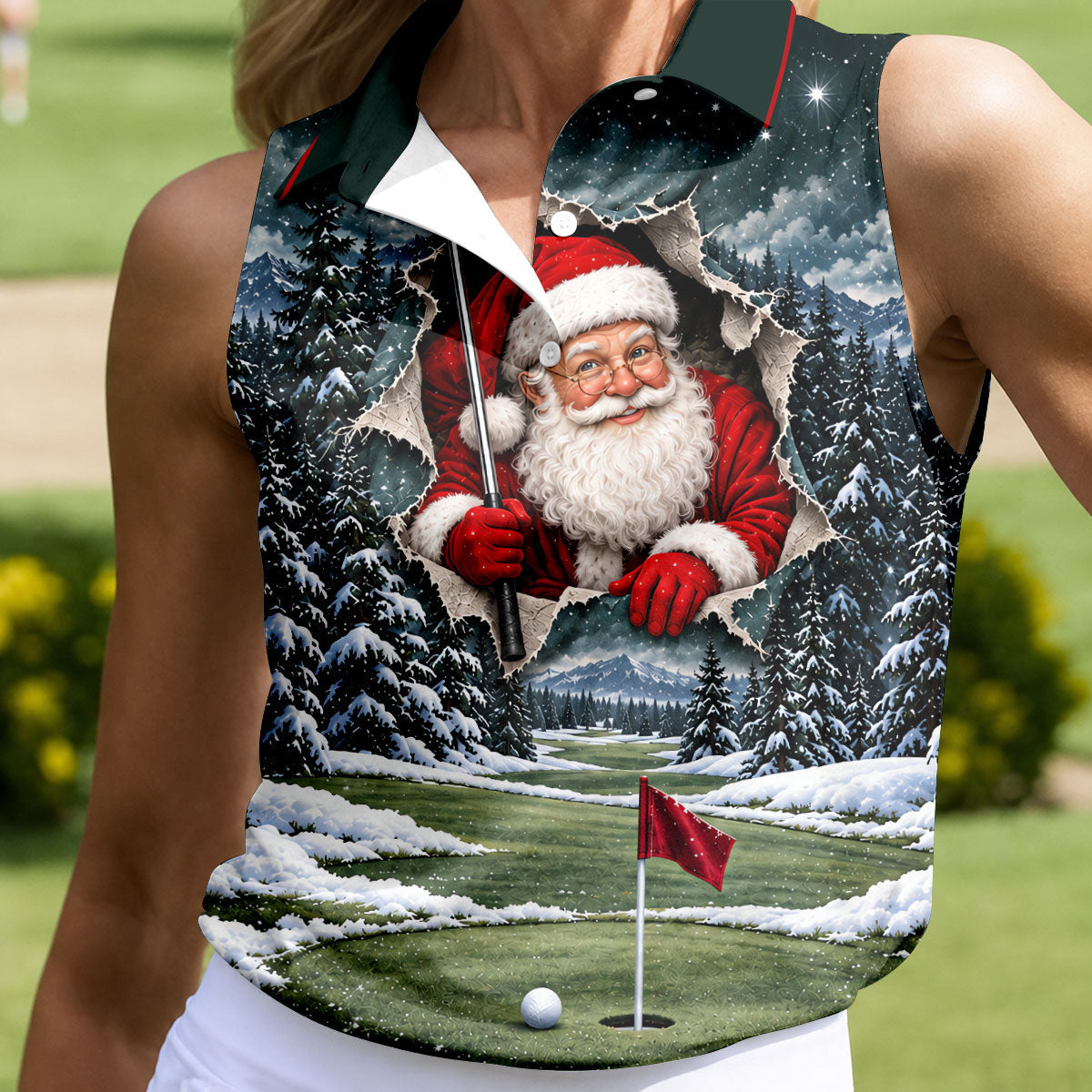 Santa Peeking Golf Green Christmas Golf Shirt, Golf Gifts For Women, Womens Golf Tops