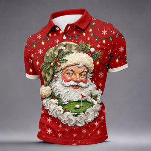 Camo Hat Santa Face Christmas Golf Shirt, Mens Holiday Golf Shirts, Mens Golf Apparel