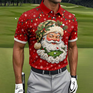 Camo Hat Santa Face Christmas Golf Shirt, Mens Holiday Golf Shirts, Mens Golf Apparel