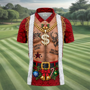 Santa's Gang Hairy Chest Christmas Golf Shirt, Mens Golf Apparel, Golf Gifts For Men
