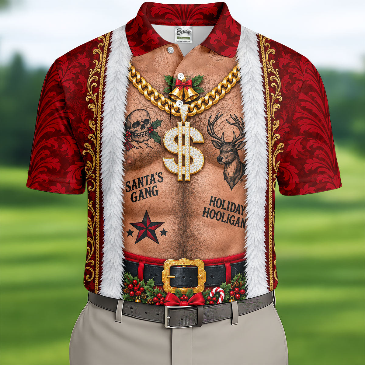 Santa's Gang Hairy Chest Christmas Golf Shirt, Mens Golf Apparel, Golf Gifts For Men
