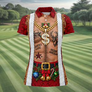 Santa's Gang Hairy Chest Christmas Golf Shirt, Womens Golf Tops, Ladies Golf Apparel