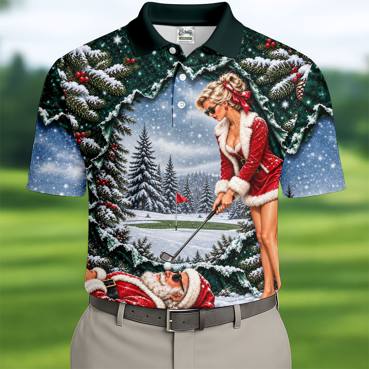 Pin Up Santa Girl Golfer Christmas Golf Shirt, Mens Golf Clothing, Mens Golf Shirts