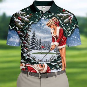 Pin Up Santa Girl Golfer Christmas Golf Shirt, Mens Golf Clothing, Mens Golf Shirts