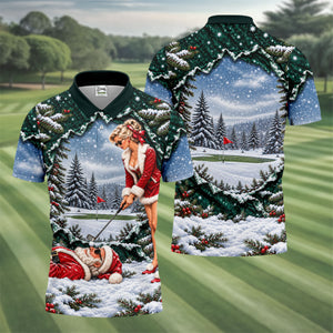 Pin Up Santa Girl Golfer Christmas Golf Shirt, Mens Golf Clothing, Mens Golf Shirts