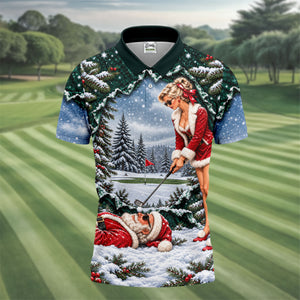 Pin Up Santa Girl Golfer Christmas Golf Shirt, Mens Golf Clothing, Mens Golf Shirts