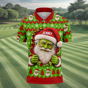 Custom Name Green Santa Christmas Golf Shirt, Golf Gifts For Men, Golf Polo For Men
