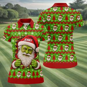 Custom Name Green Santa Christmas Golf Shirt, Ladies Golf Shirts, Womens Golf Apparel