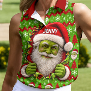 Custom Name Green Santa Christmas Golf Shirt, Ladies Golf Shirts, Womens Golf Apparel
