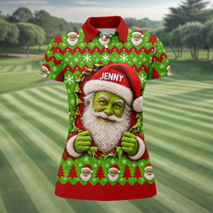 Custom Name Green Santa Christmas Golf Shirt, Ladies Golf Shirts, Womens Golf Apparel