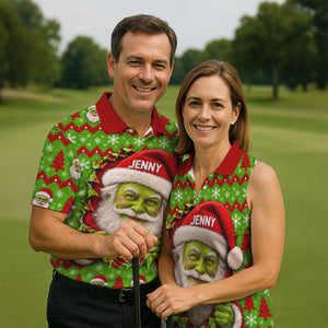 Custom Name Green Santa Christmas Golf Shirt, Golf Gifts For Men, Golf Polo For Men