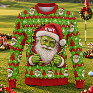 Custom Name Green Santa Ugly Christmas Sweater, Funny Xmas Gift, Christmas Gifts