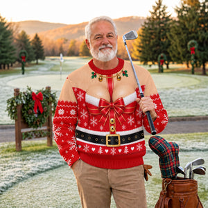 Busty Mrs Claus Red Bow Ugly Christmas Sweater, Ugly Sweater Party, Golf Lover Gifts