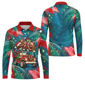 Santa Gift Golf Cart Christmas Golf Shirt, Mens Holiday Golf Shirts, Mens Golf Shirts