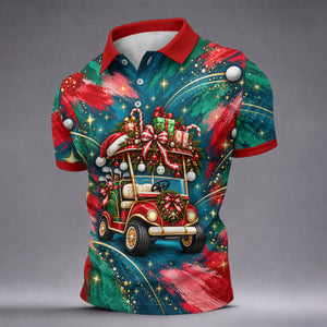 Santa Gift Golf Cart Christmas Golf Shirt, Mens Holiday Golf Shirts, Mens Golf Shirts