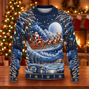 Santa Sleigh Golf Moon Ugly Christmas Sweater, Funny Holiday Sweater, Christmas Gifts