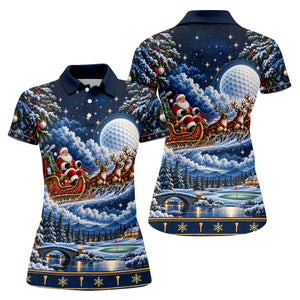 Santa Sleigh Golf Moon Christmas Golf Shirt, Womens Golf Tops, Golf Gifts For Women