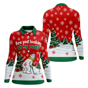 Are You Looking At My Putt Christmas Golf Shirt, Ladies Golf Shirts, Ladies Golf Tops - Long Sleeve Polo Shirt