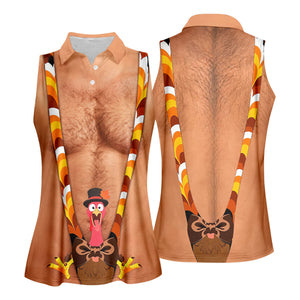 Funny Turkey Suspenders Thanksgiving Golf Shirt, Womens Golf Shirts, Womens Golf Tops