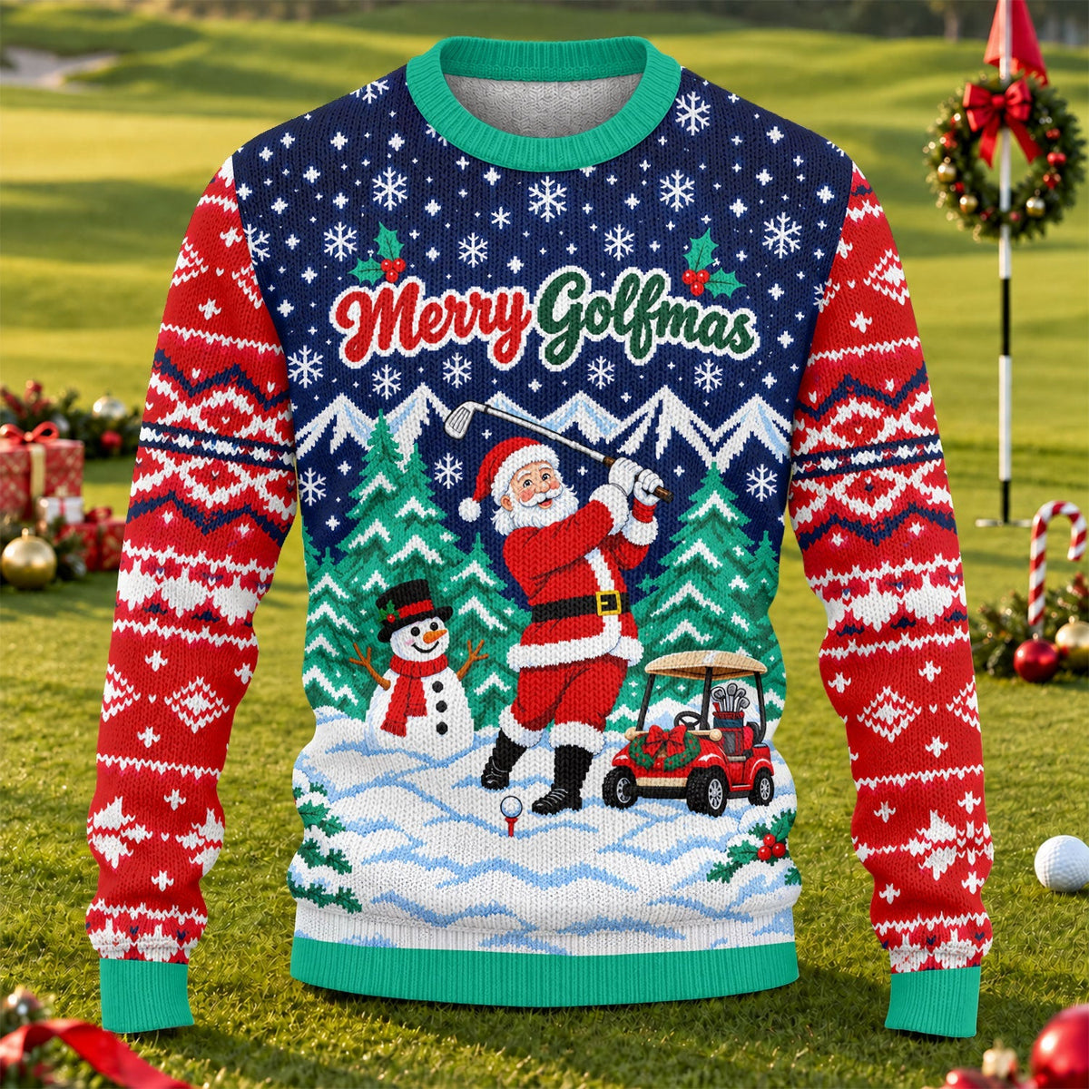 Merry Golfmas Santa Ugly Christmas Sweater, Ugly Sweater Party, Funny Holiday Sweater - View 1