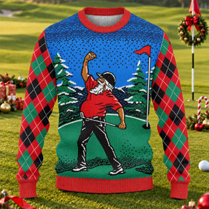 Golfer Red Plaid Ugly Christmas Sweater, Christmas Golf Gift, Funny Holiday Sweater - View 1