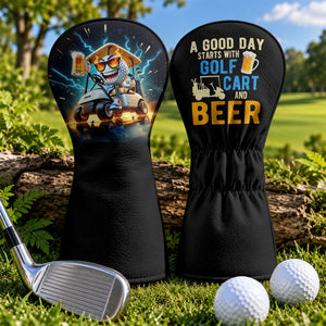 A Good Day Starts With Golf Cart And Beer Headcover, Golf And Beer Gift, Golfer Gift