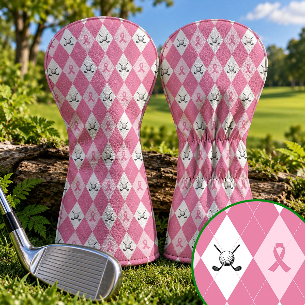 Pink Argyle Breast Cancer Ribbon Golf Headcover, Cancer Awareness Gift, Gift For Her