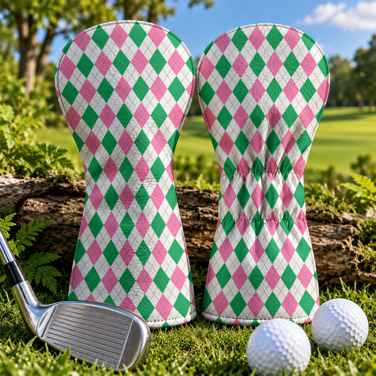 Green Pink Argyle Golf Head Cover, Golf Accessories For Women, Cute Golf Head Cover