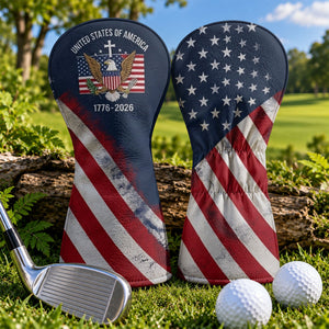 US Bald Eagle Distressed Flag Faith Cross Headcover, Patriotic Golf Gift, Golfer Gift