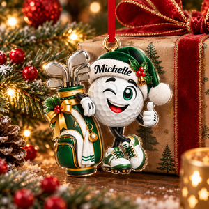 Custom Name Green Golf Ball Santa Hat Acrylic Ornament, Holiday Gifts, Golfer Gifts