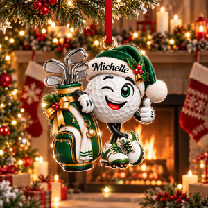 Custom Name Green Golf Ball Santa Hat Acrylic Ornament, Holiday Gifts, Golfer Gifts