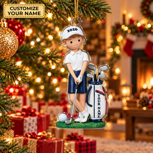 Custom Name Young Boy Golfer Acrylic Ornament, Christmas Tree Decor, Golfer Gifts