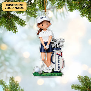Custom Name Young Girl Golfer Acrylic Ornament, Christmas Ornaments, Golf Gifts