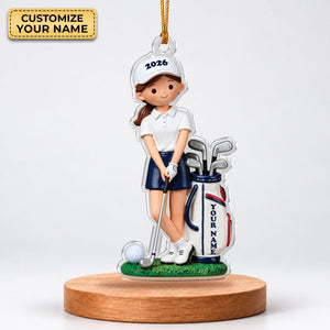 Custom Name Young Girl Golfer Acrylic Ornament, Christmas Ornaments, Golf Gifts