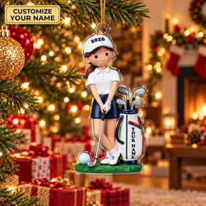 Custom Name Young Girl Golfer Acrylic Ornament, Christmas Ornaments, Golf Gifts