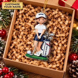 Custom Name Young Girl Golfer Acrylic Ornament, Christmas Ornaments, Golf Gifts