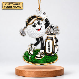 Custom Name Black Golf Ball Mascot Acrylic Ornament, Christmas Ornaments, Golf Gifts