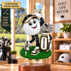 Custom Name Black Golf Ball Mascot Acrylic Ornament, Christmas Ornaments, Golf Gifts