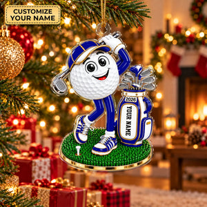 Custom Name Blue Golf Ball Mascot Acrylic Ornament, Christmas Gifts, Golfer Gifts