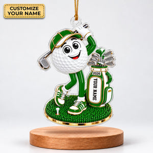 Custom Name Green Golf Ball Mascot Acrylic Ornament, Christmas Ornaments, Golf Gifts
