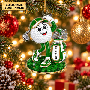 Custom Name Green Golf Ball Mascot Acrylic Ornament, Christmas Ornaments, Golf Gifts