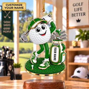 Custom Name Green Golf Ball Mascot Acrylic Ornament, Christmas Ornaments, Golf Gifts
